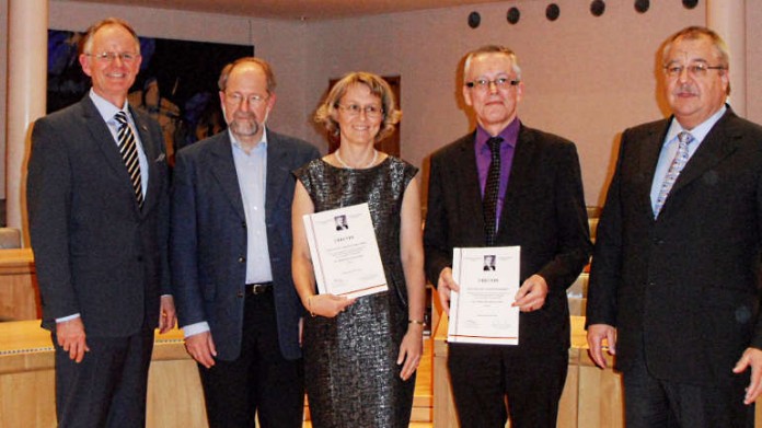 (v.l.n.r.) Oberbürgermeister Hans-Dieter Schlimmer, Heinz-Helmut Lüger, Anemone Geiger-Jaillet, Gérald Schlemminger, Harald J. Schäfer